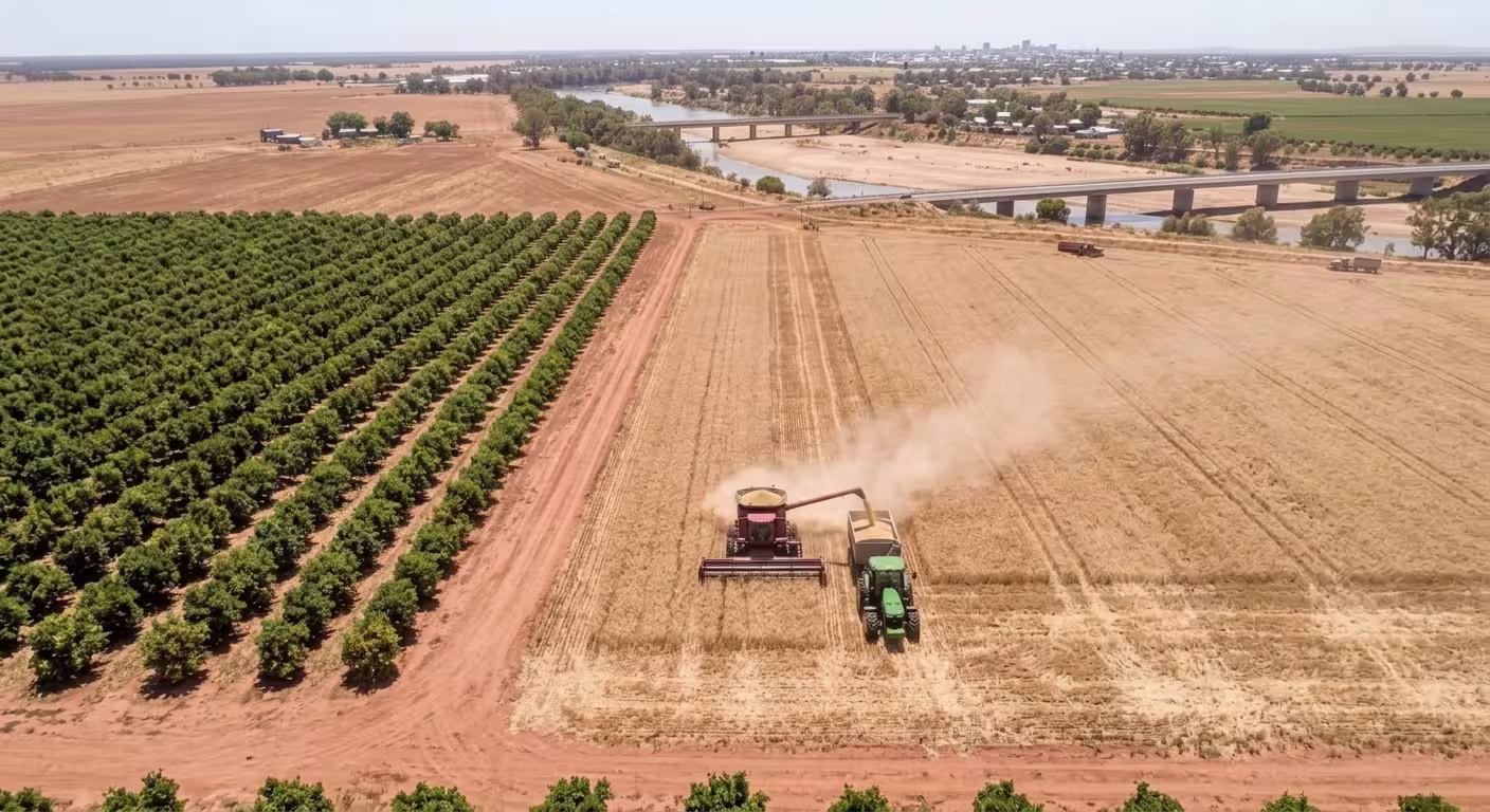 Aerial view of a RAMS service vehicle and technicians installing a solar-powered water pumping system at a large agricultural facility with grain silos and a water reservoir.